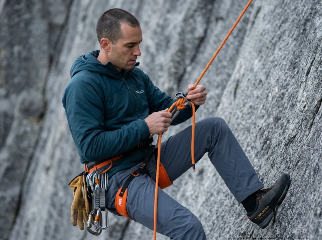 Climber troubleshooting a jammed Prusik autoblock during rappel — demonstrating Prusik creep failure mode