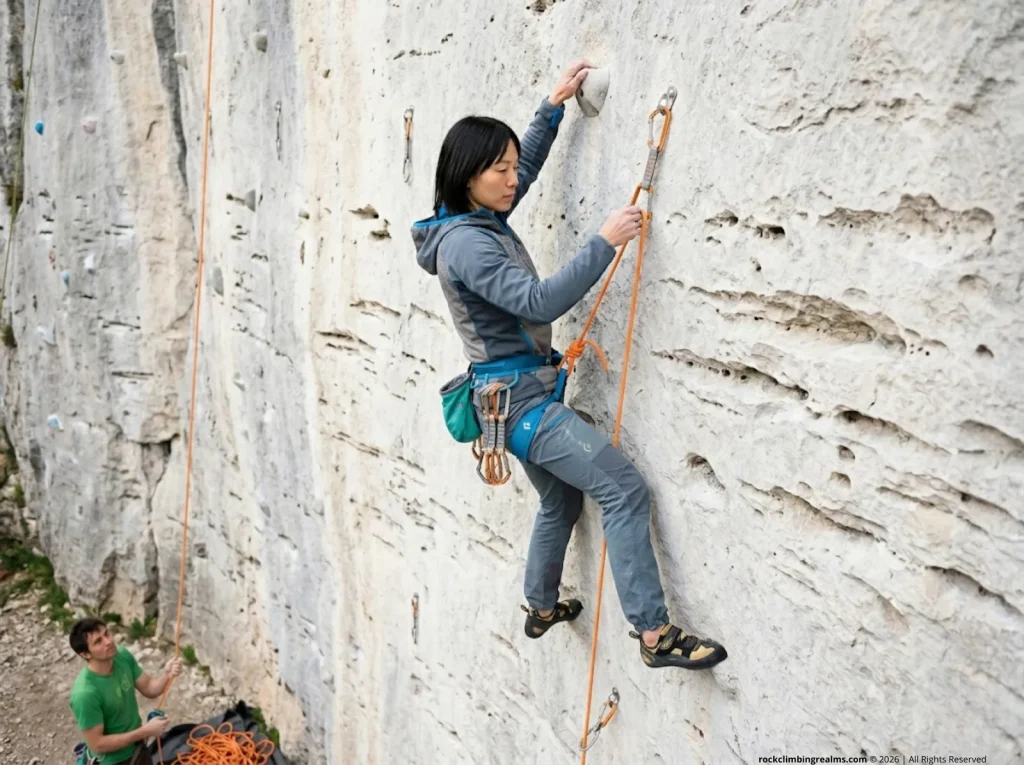 Female climber clipping quickdraw on easy sport route during warm-up pyramid