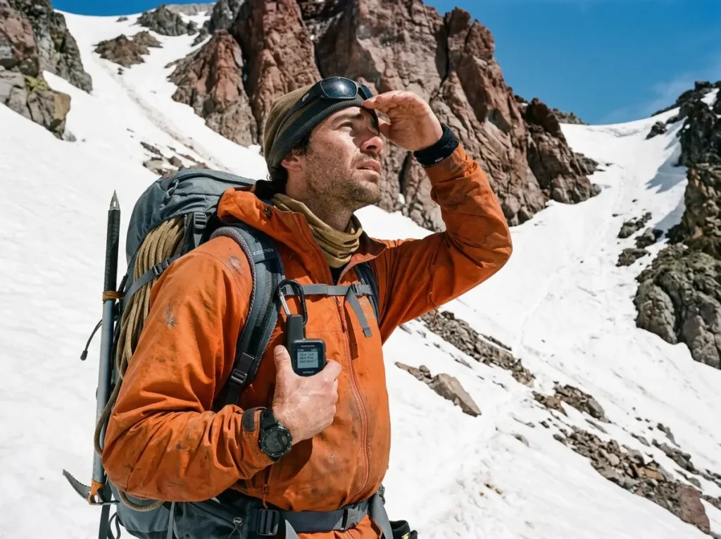 Climber checking a satellite communicator and the snow conditions before committing on Mount Shasta