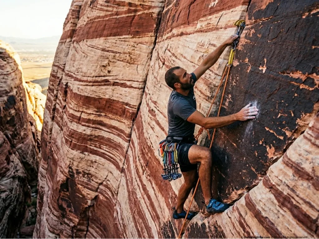 Climber leading a multi-pitch trad route on Aztec Sandstone at Red Rock Canyon near Las Vegas Nevada