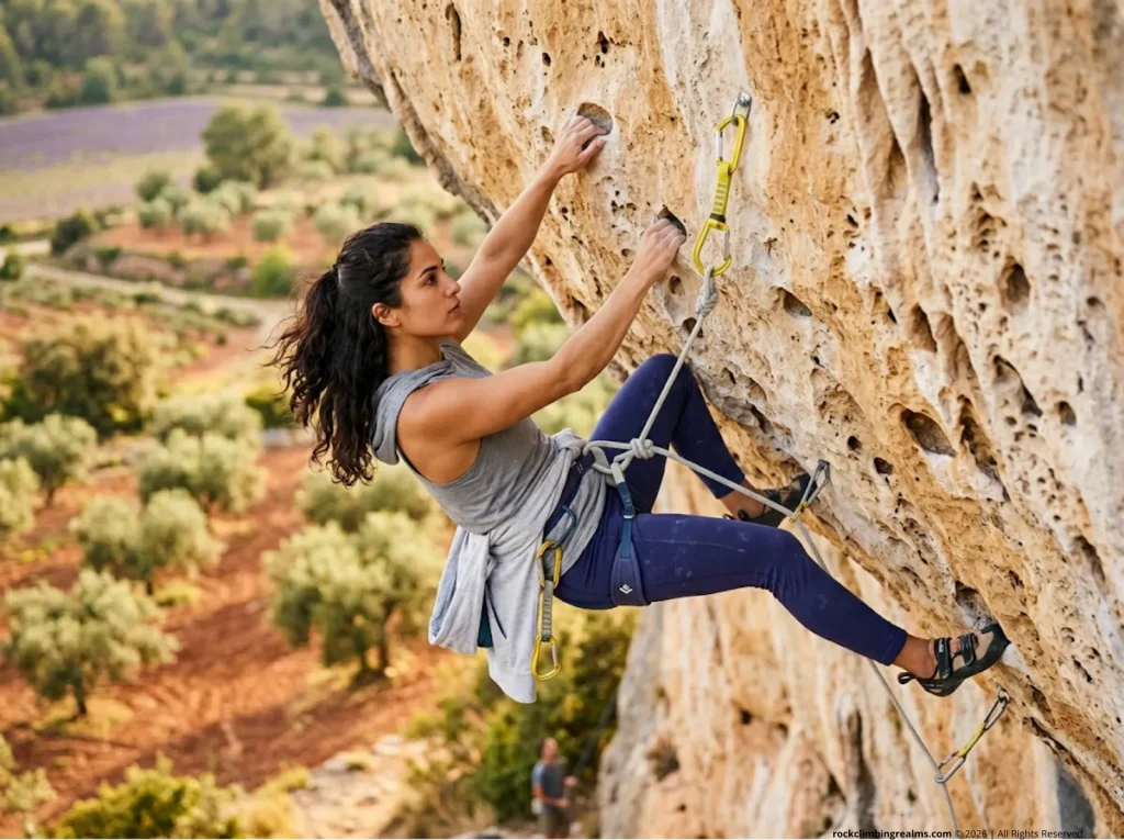 Female sport climber clipping a quickdraw on an overhanging limestone route with Black Diamond and Petzl gear