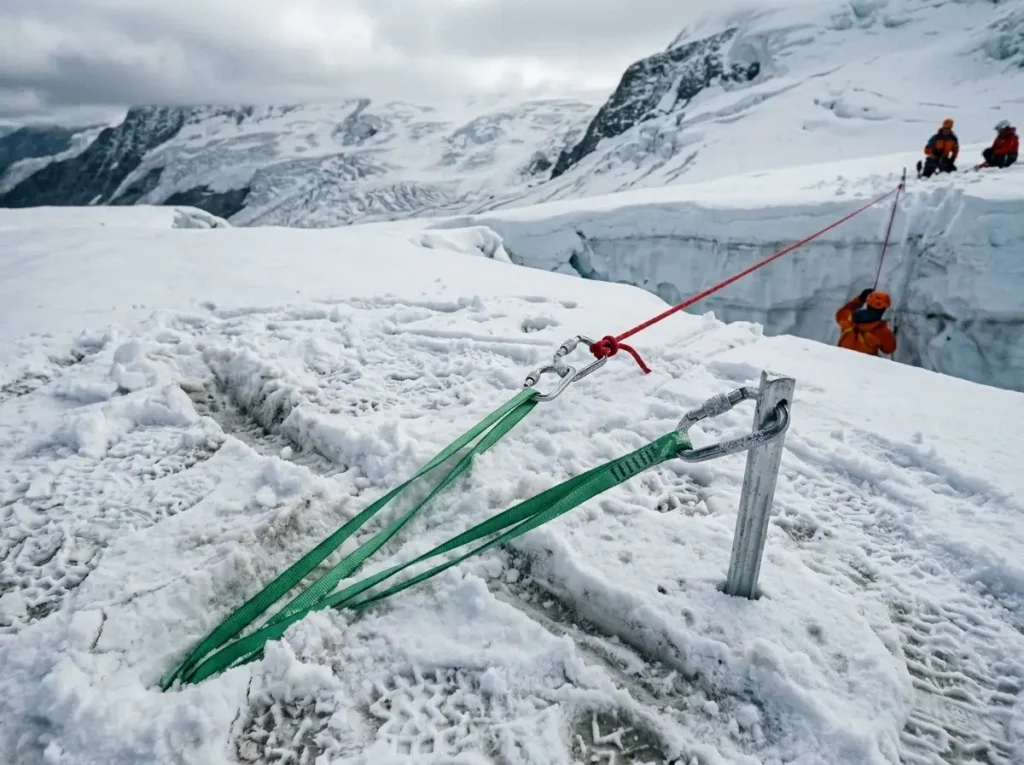 Two-piece equalized snow anchor showing horizontal buried picket and vertical picket reinforcement for crevasse rescue