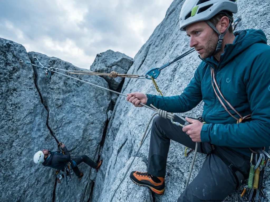 Climber executing emergency rescue lower system at alpine granite anchor with friction hitch backup and catastrophe knot