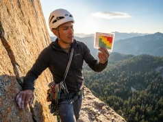 How to Use a Risk Assessment Matrix for Climbing Climber reviewing risk assessment matrix card clipped to helmet on granite multi-pitch route