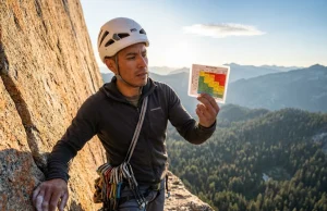 How to Use a Risk Assessment Matrix for Climbing Climber reviewing risk assessment matrix card clipped to helmet on granite multi-pitch route