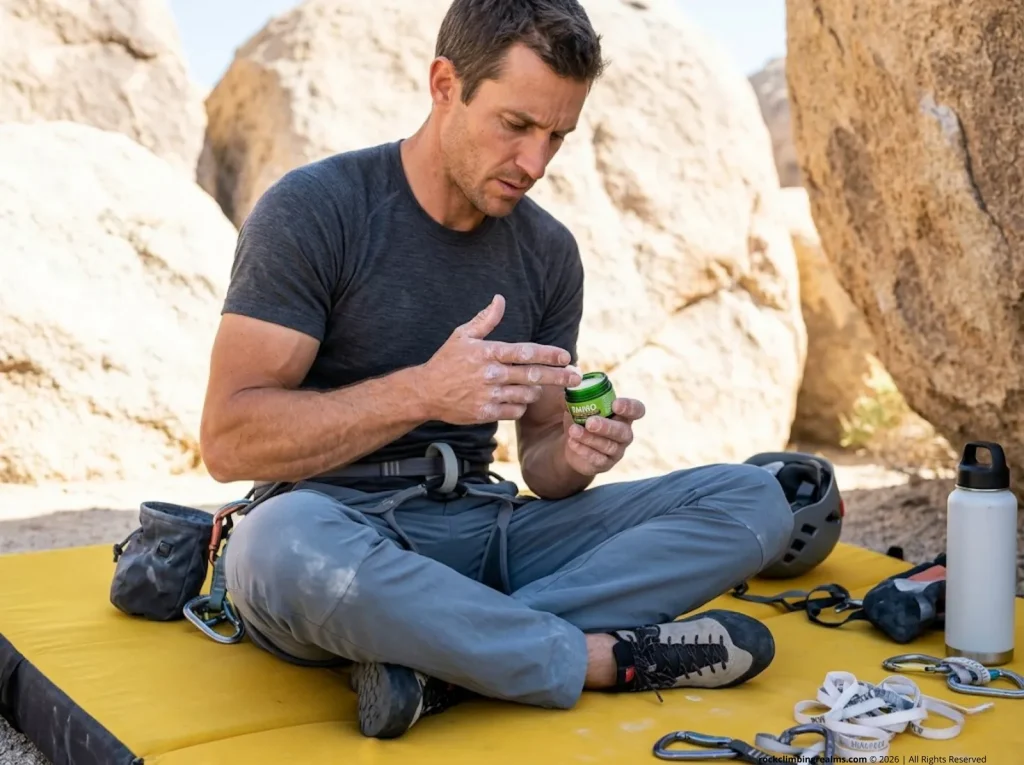 Boulderer applying Rhino Skin repair cream to calloused fingertips