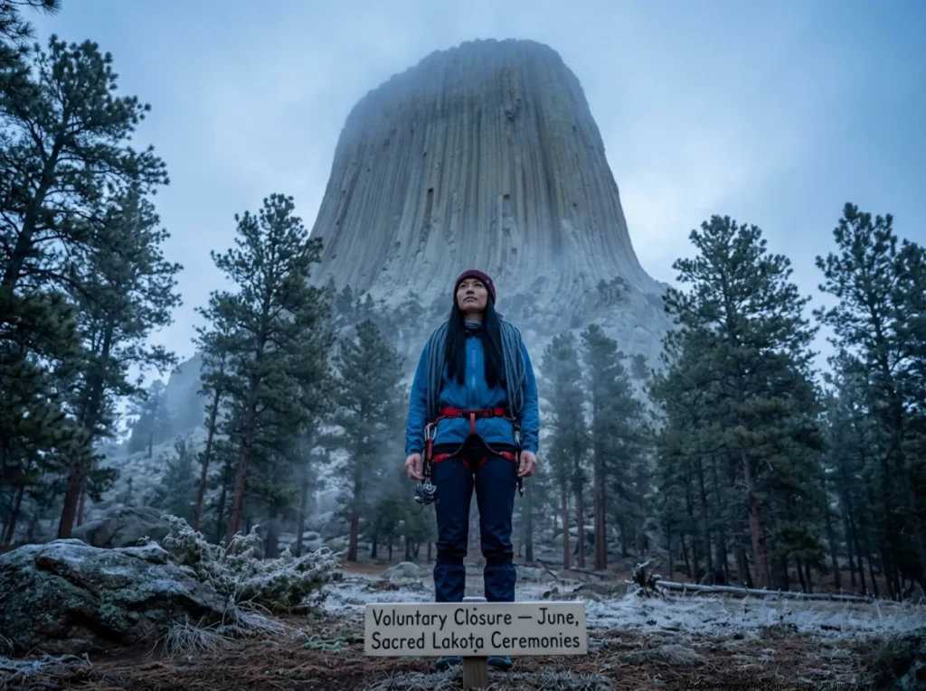 Climber standing respectfully at the base of Devils Tower Wyoming at dawn acknowledging sacred indigenous site