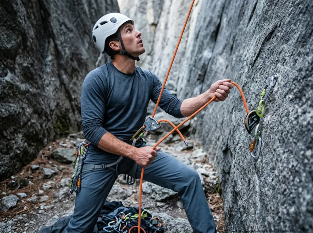 A belayer wearing a helmet managing a climbing rope through an assisted braking device at the base of a cliff