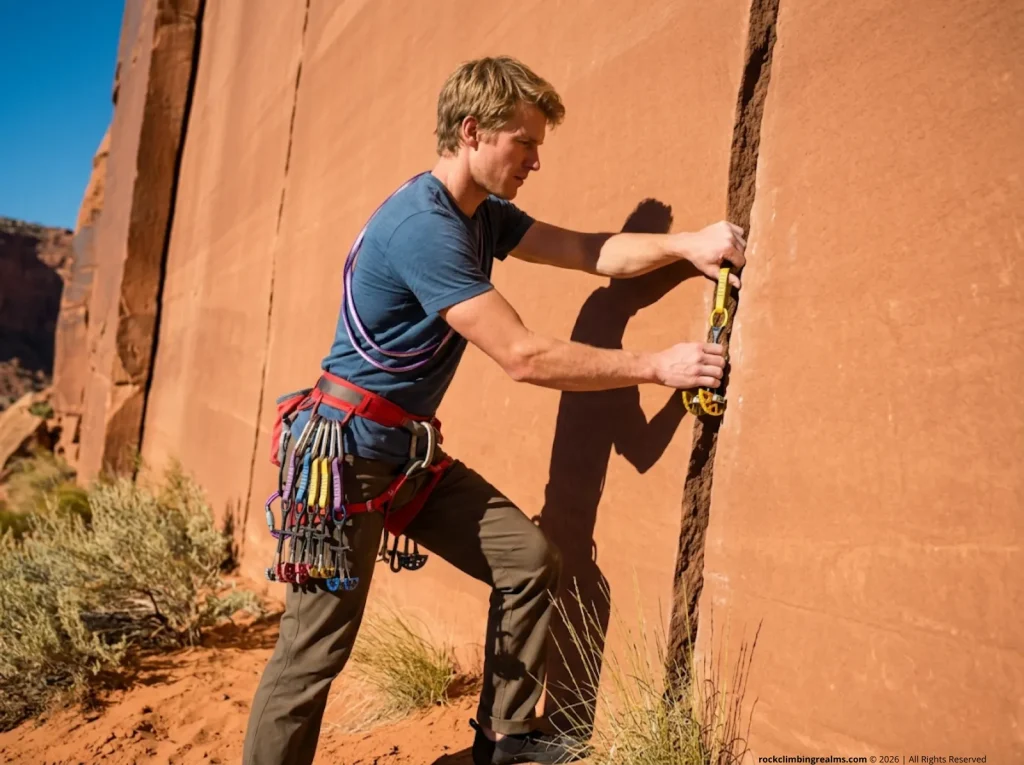 Trad climber testing a cam placement in Indian Creek sandstone, evaluating rock quality and anchor holding strength
