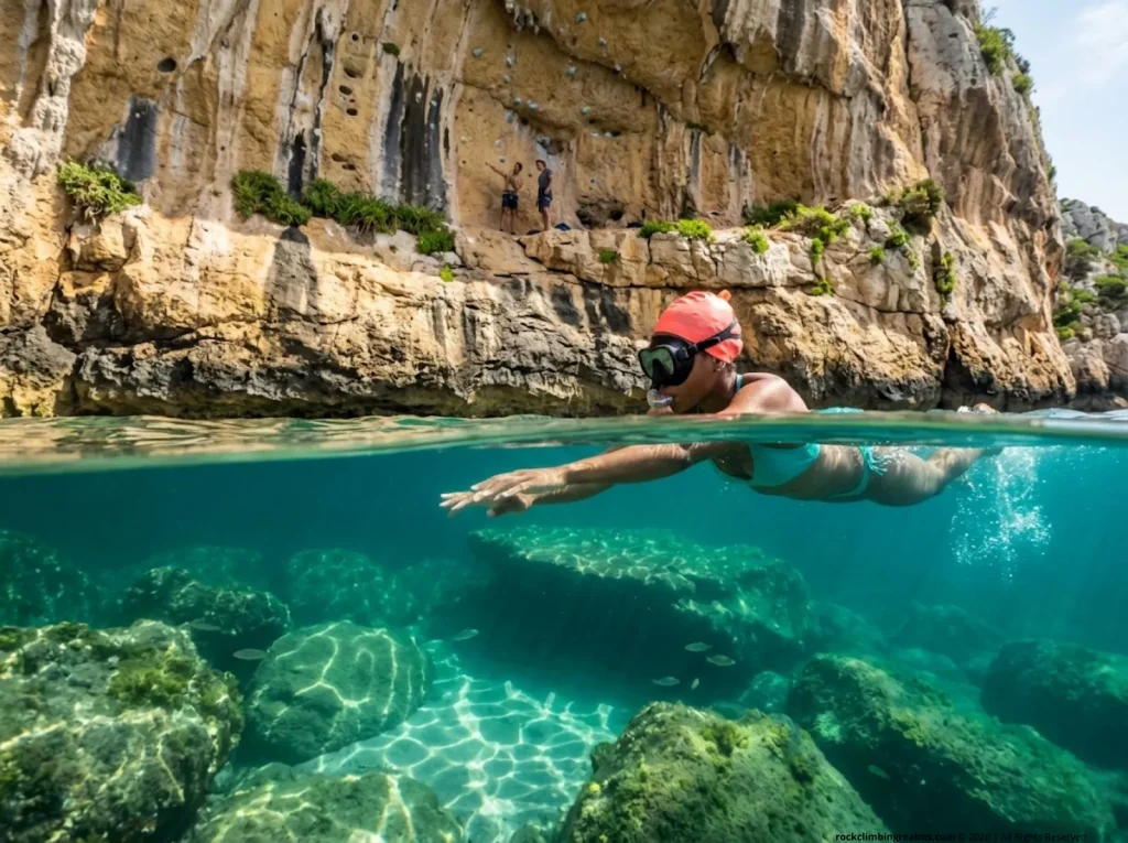 Climber scouting deep water soloing landing zone by swimming with mask checking depth and rocks