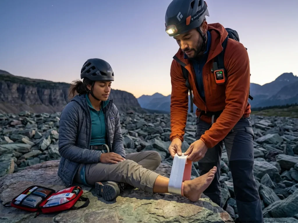 Two climbers performing self-rescue ankle wrap on Glacier National Park talus approach, satellite communicator clipped to pack