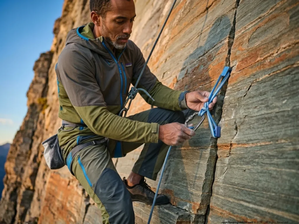 Rock climber building Sliding X anchor with offset nuts in sedimentary argillite terrain, Glacier National Park