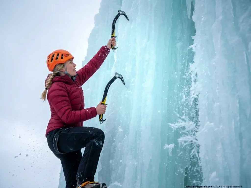 Female ice climber swinging Black Diamond Cobra ice tool into WI4 pillar, Ouray 