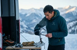 Dull Ice Picks? The Field-Tested Fix That Works Climber sharpening Petzl ice pick with flat file at Ouray Ice Park van tailgate, winter