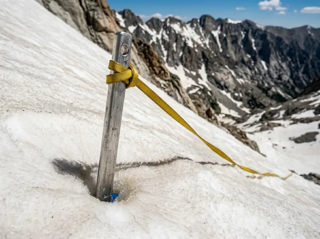 Snow anchor on sunlit alpine slope showing thermal degradation and melt channels around buried picket