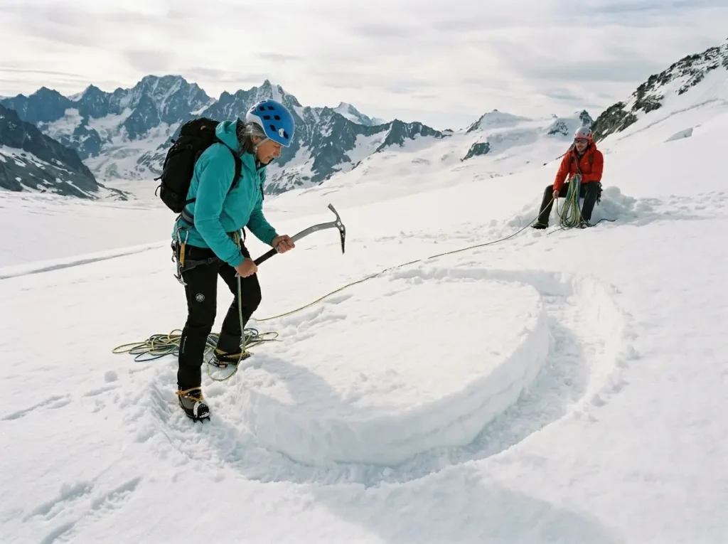 Mountaineer carving a horseshoe-shaped snow bollard anchor with an ice axe on a glacier