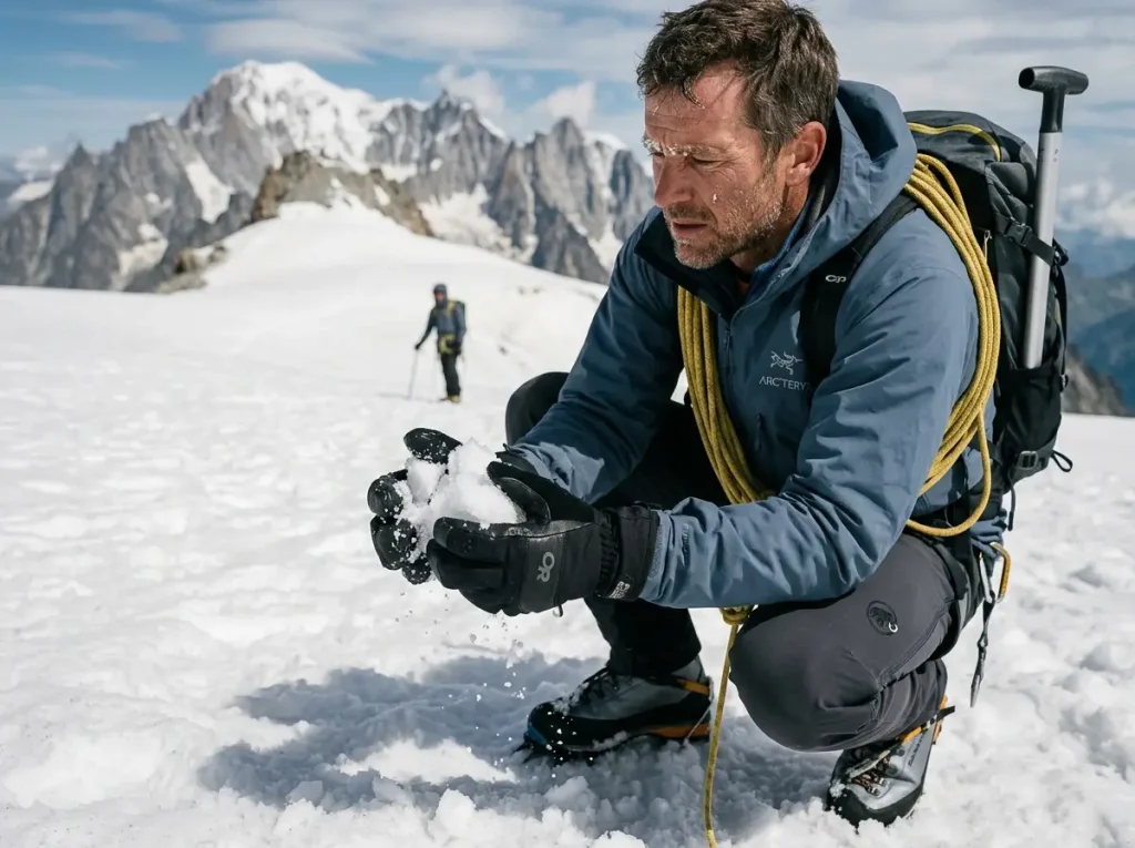 Mountaineer squeezing snow with gloved hand to test snowpack condition before placing an anchor