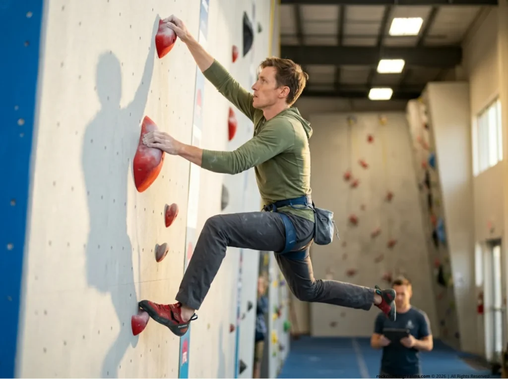 Speed climber demonstrating biomechanical hand movement technique mid-route on an IFSC standardized speed wall in Scarpa climbing shoes 