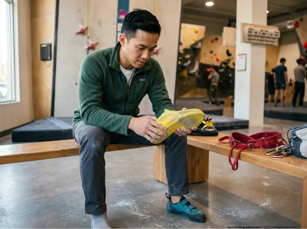 Climber inspecting worn La Sportiva Cobra 4.99 speed climbing shoe toe box next to Mad Rock Remora during gear review at training wall