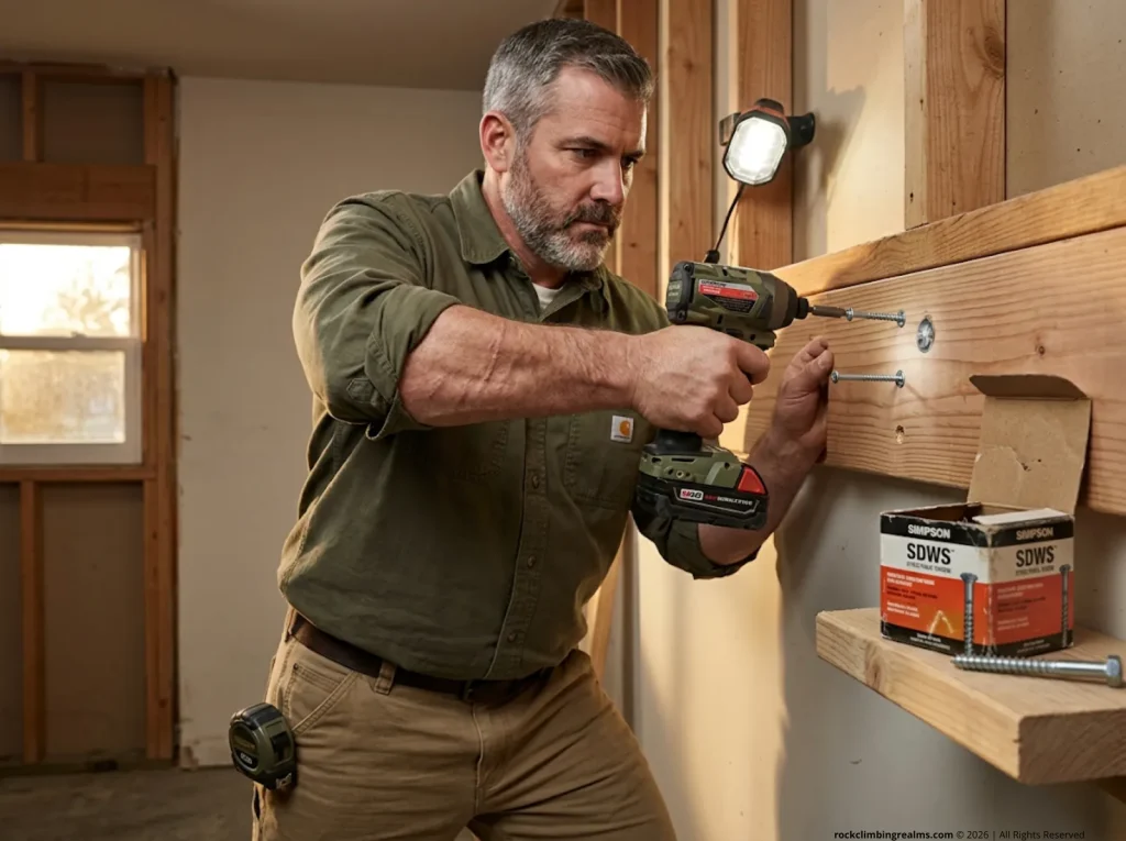Builder driving a Simpson SDWS structural screw into a ledger board connection for a home climbing wall