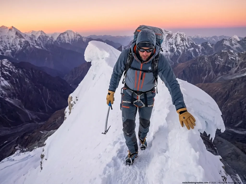 Climber carefully walking along a narrow knife-edge snow ridge during summit push at sunrise