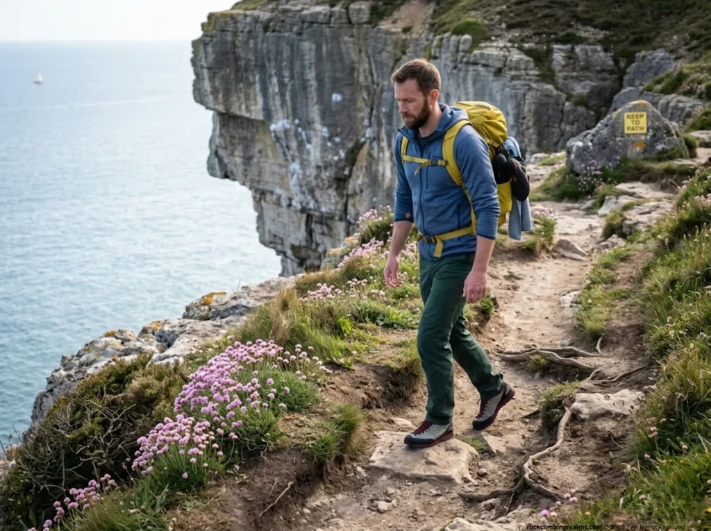 Climber walking established coastal path to DWS cliff avoiding erosion and wildflowers