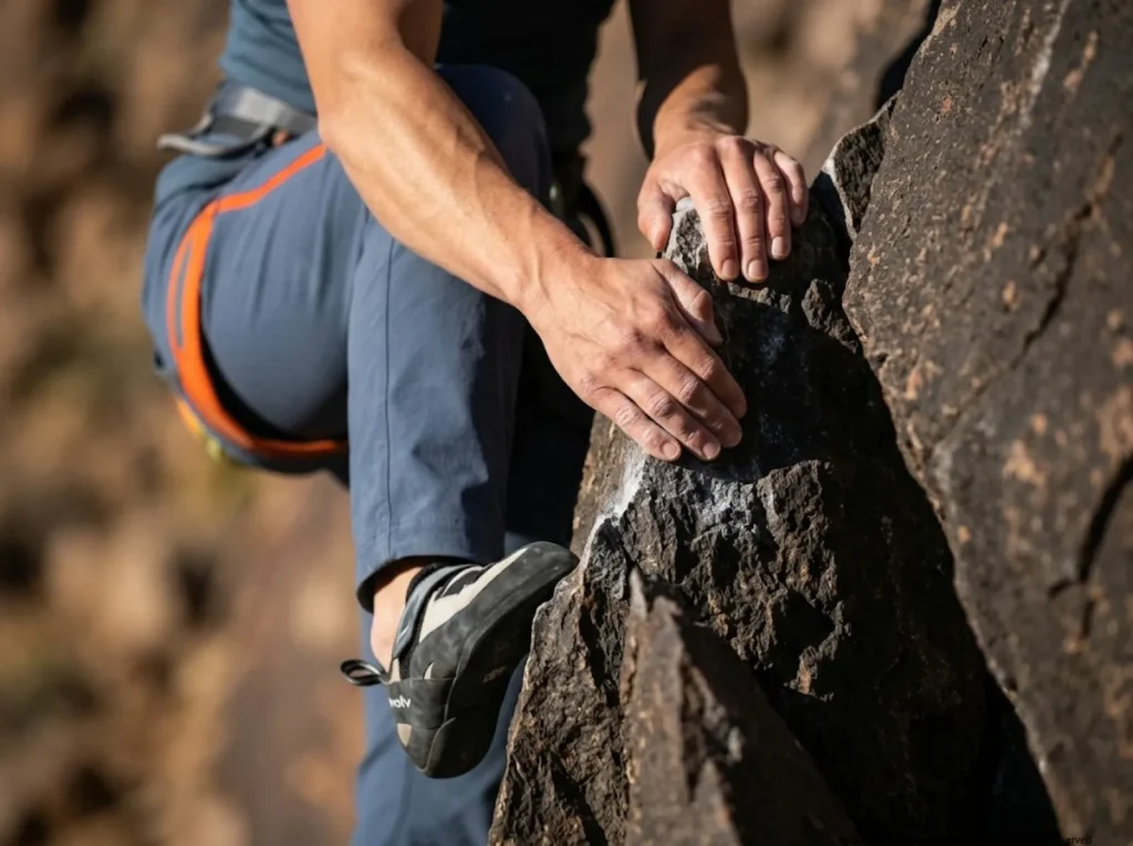Climber crimping sharp syenite rock showing extreme hand friction