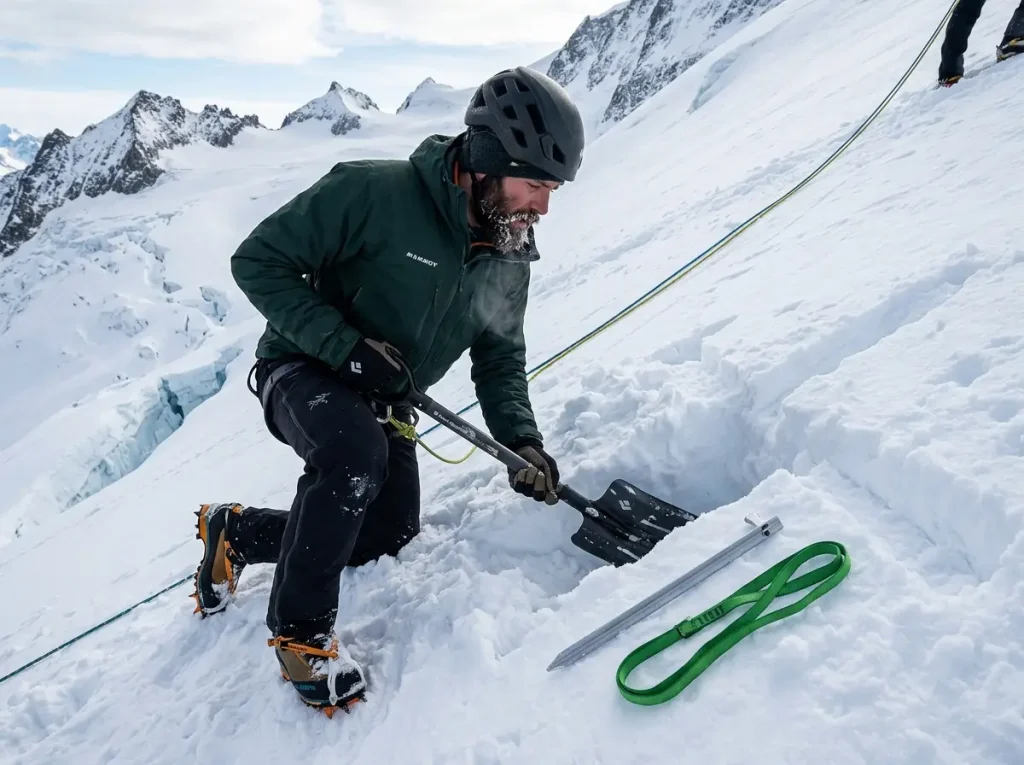 Mountaineer digging a T-trench deadman snow anchor with a snow shovel on a glaciated alpine slope