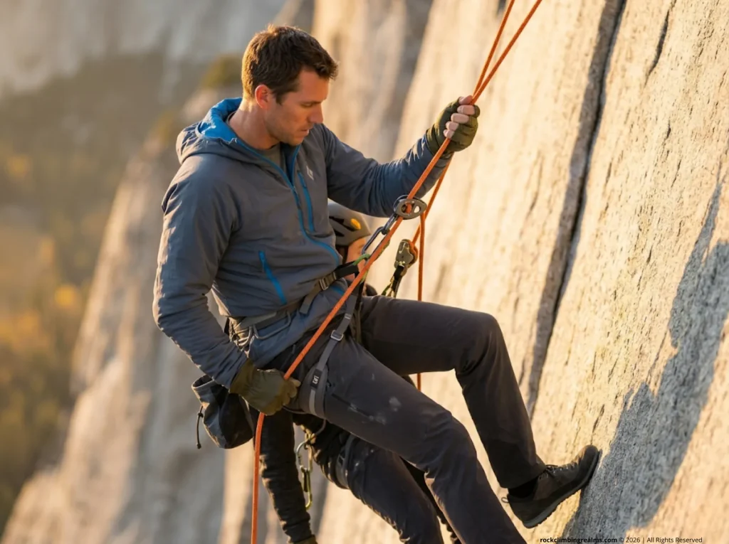 Climber performing controlled tandem rappel descent with injured partner at safe speed under 0.5 m/s