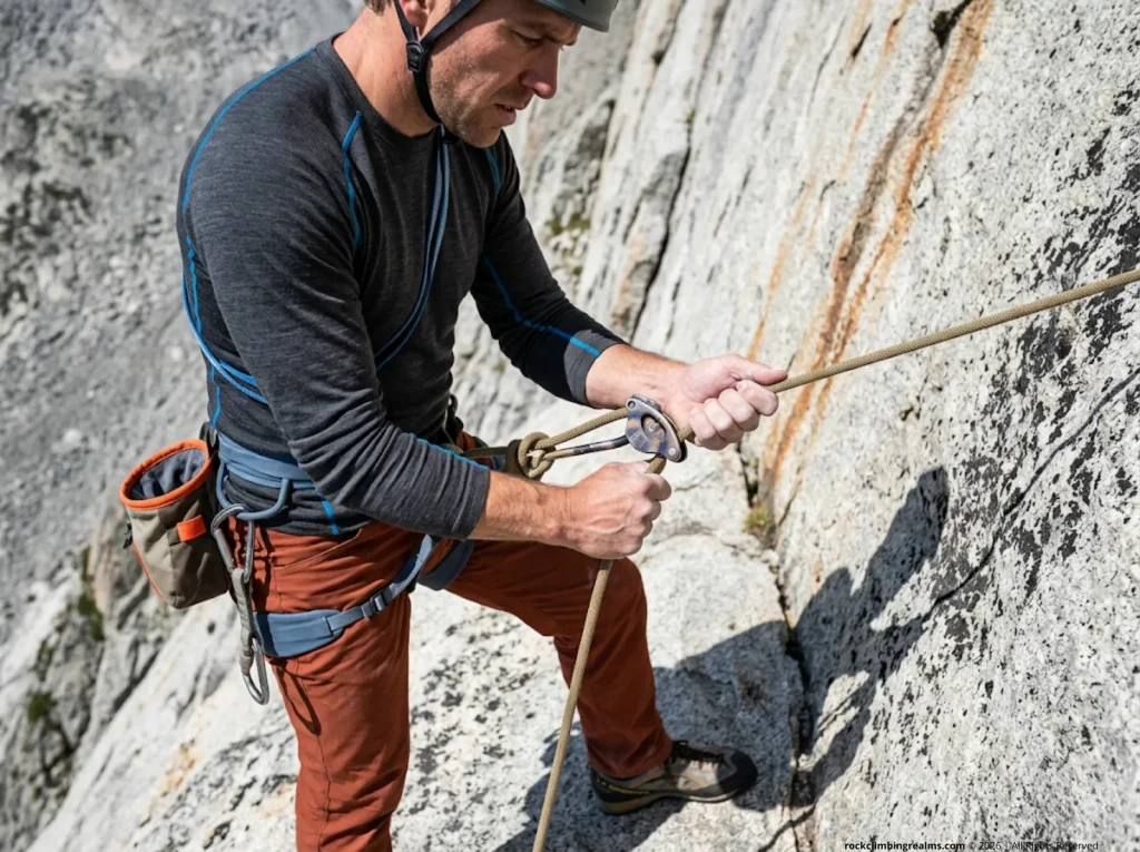 Climber managing ATC-Guide under heavy load on multi-pitch rappel, demonstrating friction physics