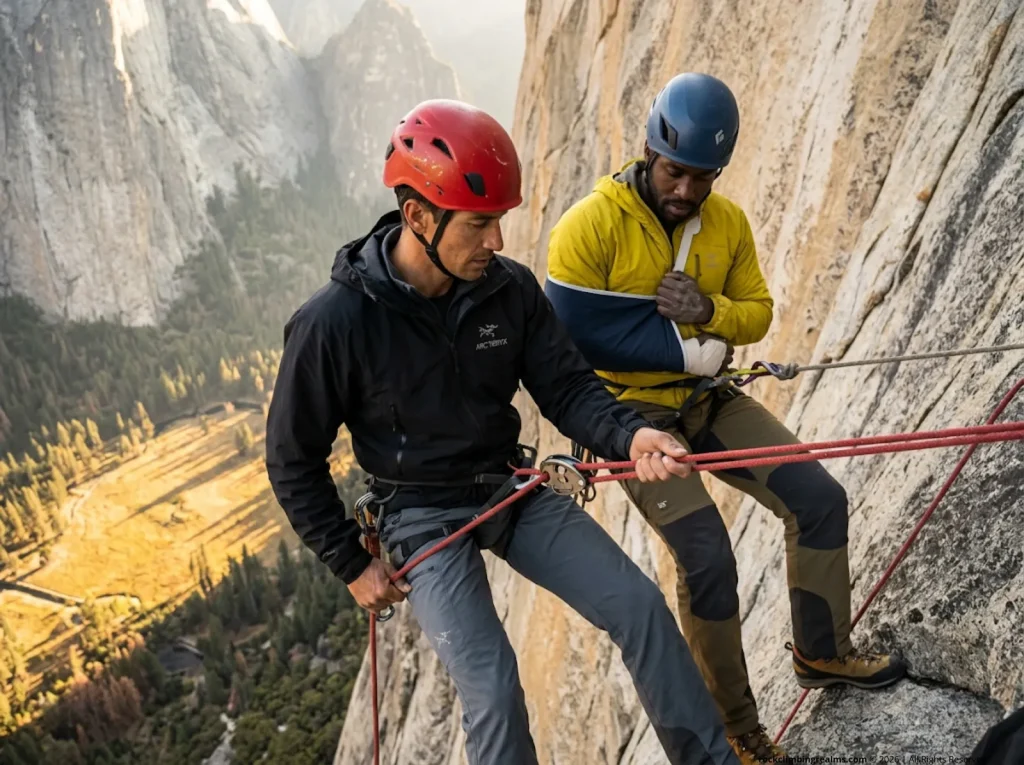Two climbers executing a tandem rappel to evacuate an injured partner off a multi-pitch granite route