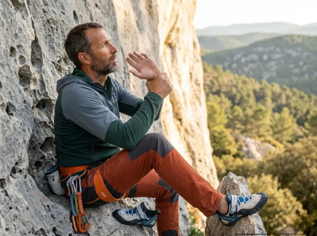 Experienced climber shaking out forearm on limestone ledge mid-session to manage tendon fatigue