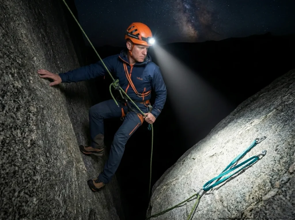 Male climber rappelling at night with Black Diamond Storm 450 headlamp illuminating the granite rock face and rope below    