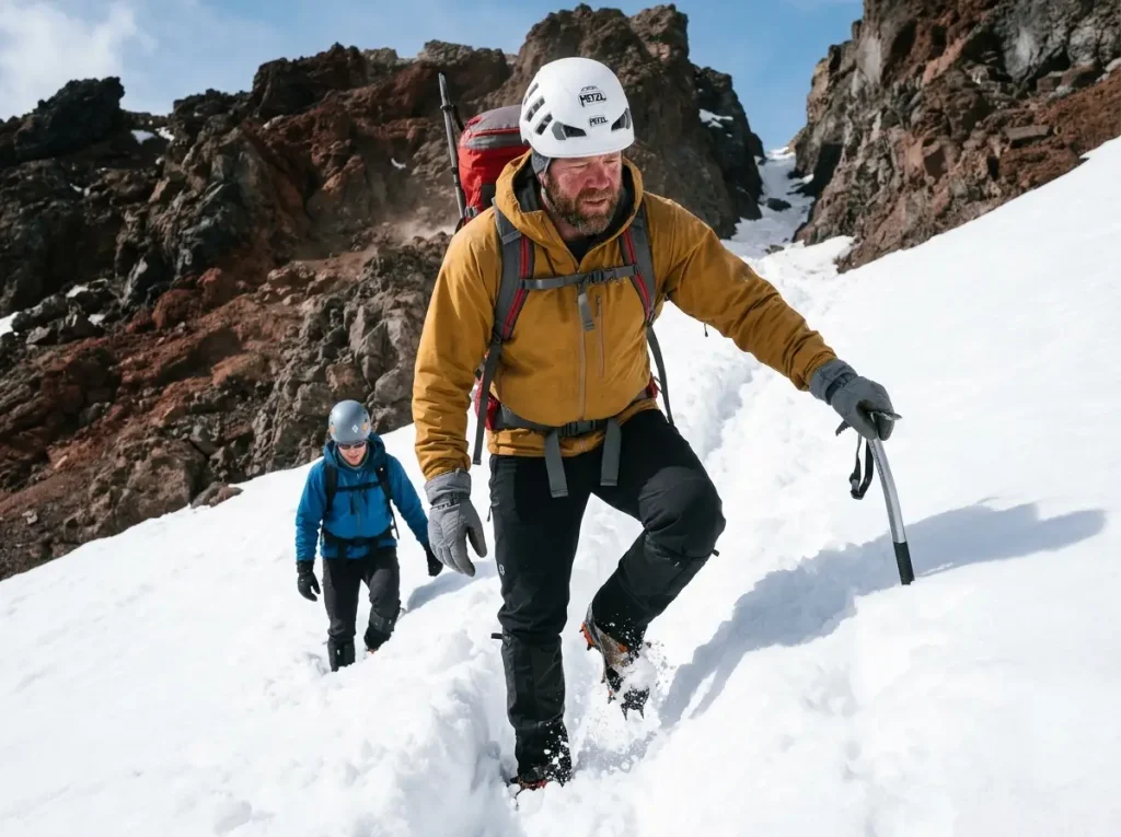 Roped climbers moving up The Heart toward the Red Banks chute on Mount Shasta
