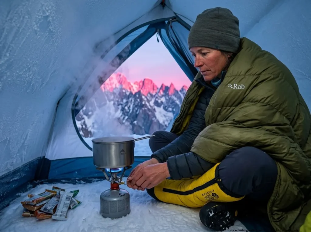 Mountaineer melting snow with an MSR Reactor stove illustrating thermal mechanics and the fuel to weight equation