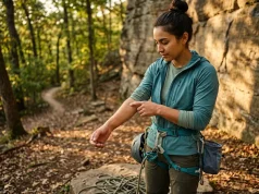 Tick Removal for Climbers (Without Wrecking Your Gear) Climber inspects skin for ticks at crag base with rope and harness gear nearby