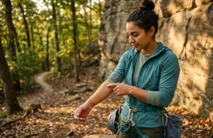 Tick Removal for Climbers (Without Wrecking Your Gear) Climber inspects skin for ticks at crag base with rope and harness gear nearby