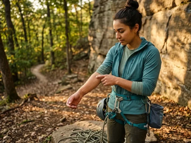 tick-removal-prevention-climbers-hero Climber inspects skin for ticks at crag base with rope and harness gear nearby
