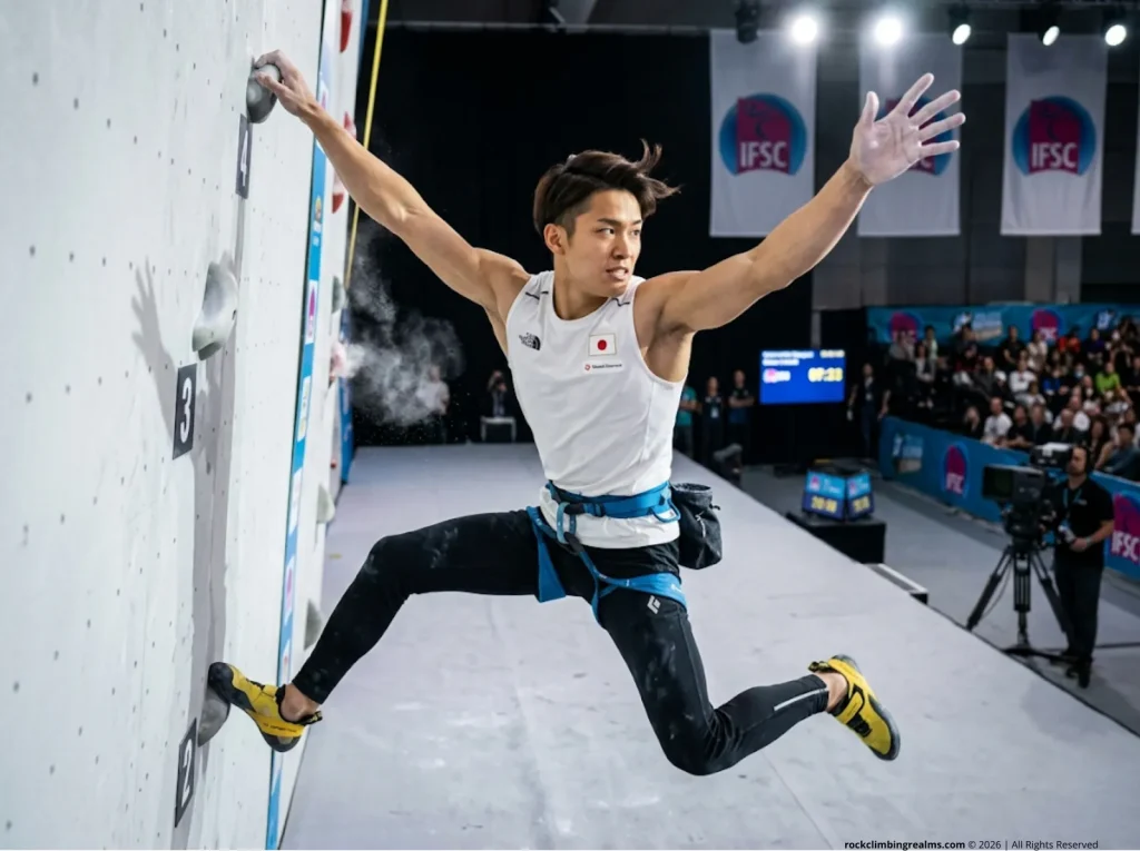 Speed climber executing the Tomoa Skip technique on an IFSC speed wall, bypassing the third hold in La Sportiva Cobra 4.99 slippers