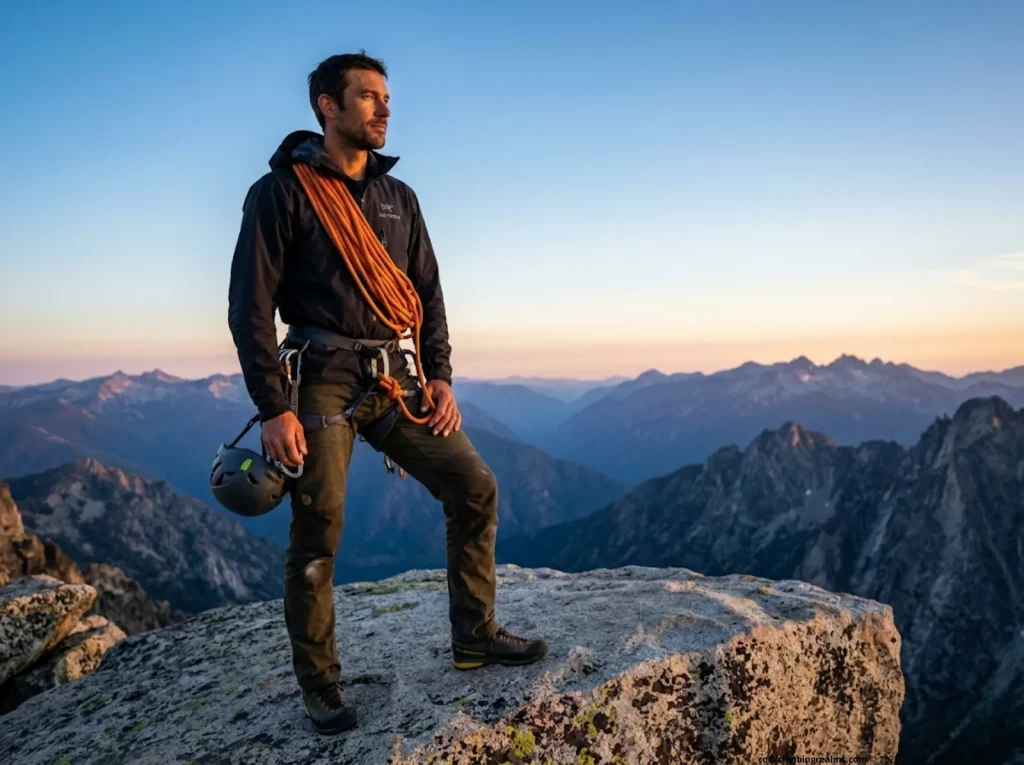 Trad climber on summit after successful lead, confident expression showing long-term mental growth  