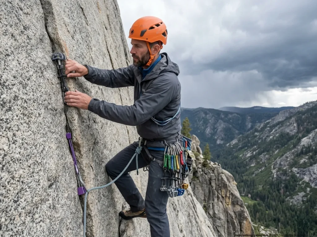 Trad climber leading exposed granite crack route wearing Mammut helmet with storm clouds building