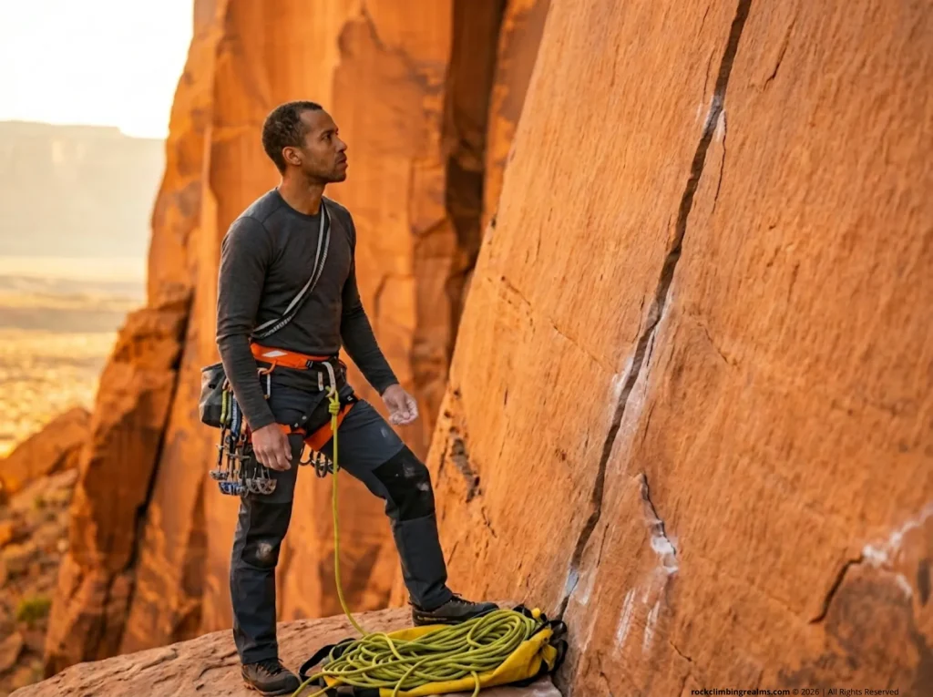 Trad climber studying crack system at base of route, gear racked and anxiety visible in body language 