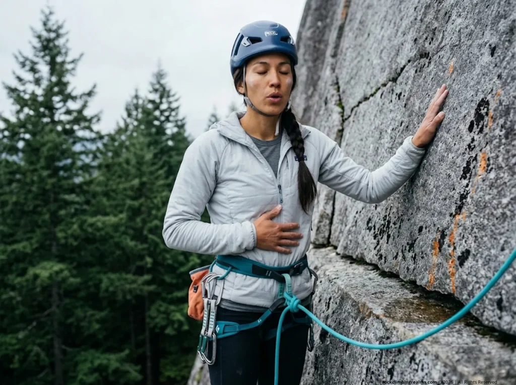 Female trad climber paused on ledge performing breathing technique for fear management    