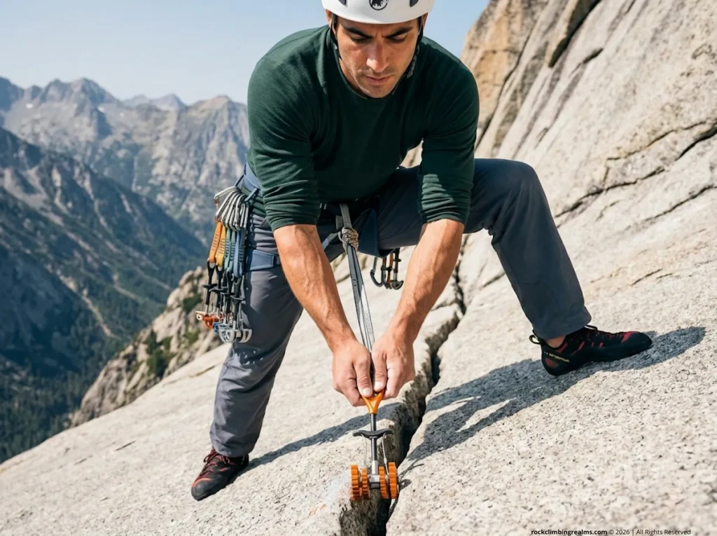 Trad climber weighting cam placement by hand before moving past it, gear trust building technique