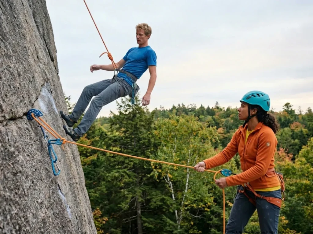 Trad leader taking controlled practice fall above cam while belayer performs soft catch technique 