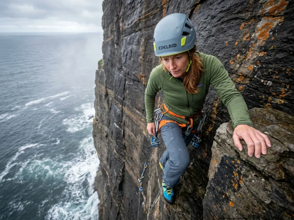 Experienced trad climber paused on sea cliff runout assessing commitment decision above last piece  