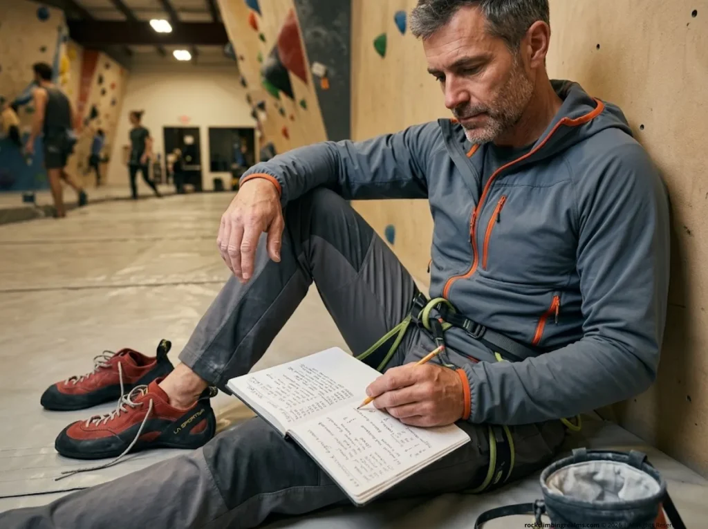 Experienced climber reviewing training journal after 4x4 session to diagnose plateau and junk volume