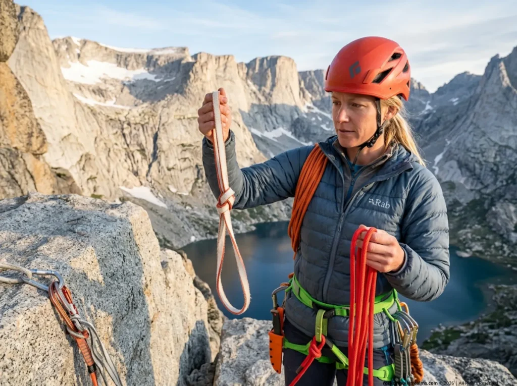 Female climber comparing a sun-bleached fixed rappel sling with a new cordelette at a Wind River Range anchor station