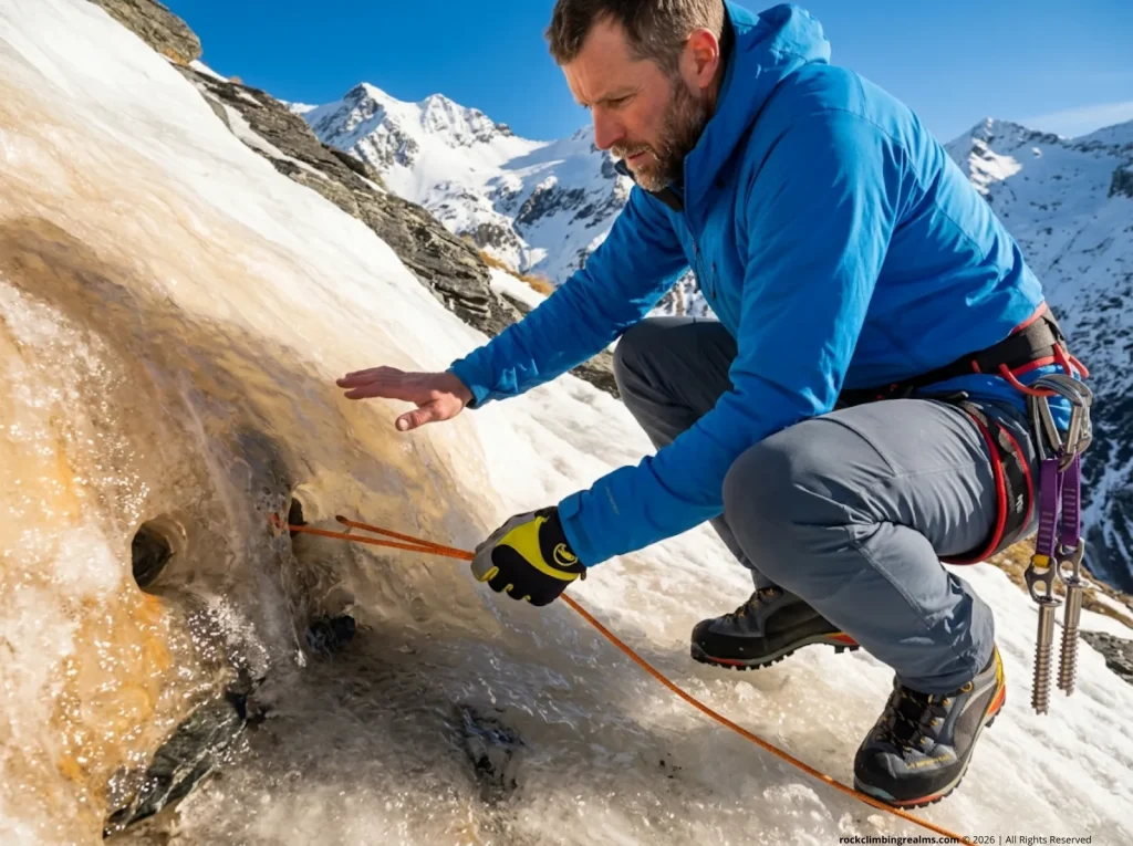 Ice climber threading a V-thread anchor cord in thin waterfall ice, checking for solar melt degradation at mid-latitude crag