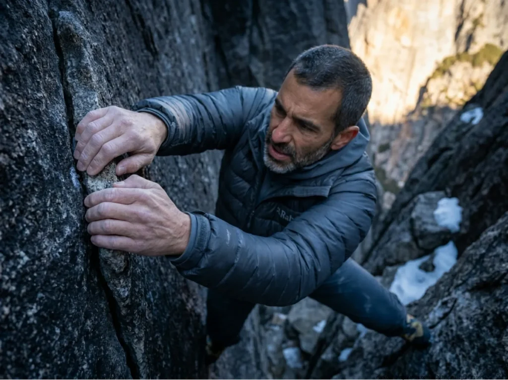 Precision granite edging with visible hand pallor — understanding how cold-induced vasoconstriction destroys dexterity during technical climbing